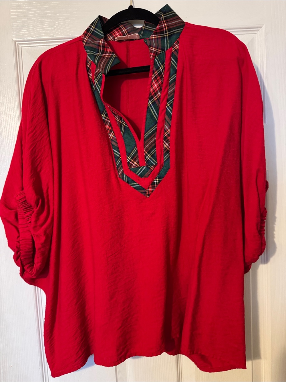 entro Red Tunic with Green Plaid V-Neck Trim